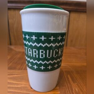 Starbucks Green and White Holiday Sweater Pattern Ceramic Travel Cup with Lid